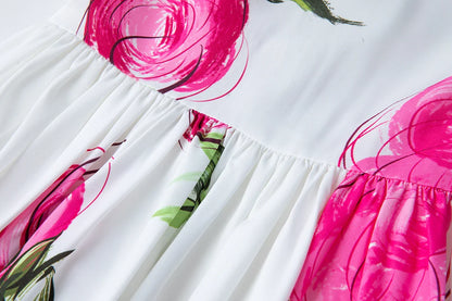 Summer French Women's Retro Pink Flower Waist Cinching Slimming Big Swing Dress Elegant Anti-aging Short Sleeved Skirt