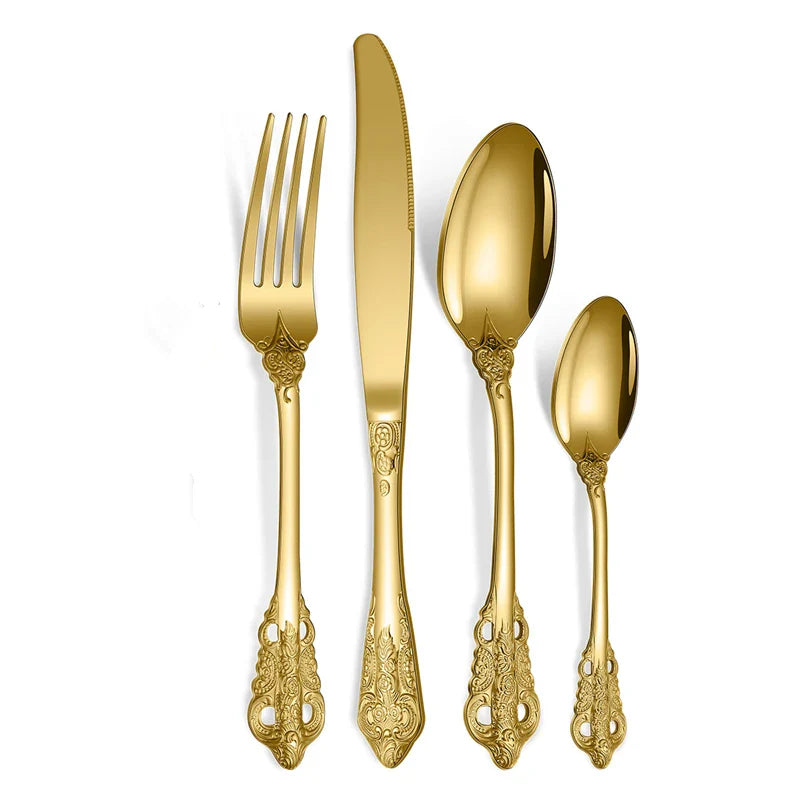 Luxury Gold Cutlery Set Vintage Dinnerware Set 18/10 Stainless Steel Silver Flatware Knife Fork and Spoon