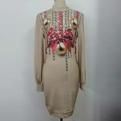 Vintage Christmas Printing Party Dress For Women Autumn Fashion Half High Collar Lantern Long Sleeve Dress Lady Bodycon