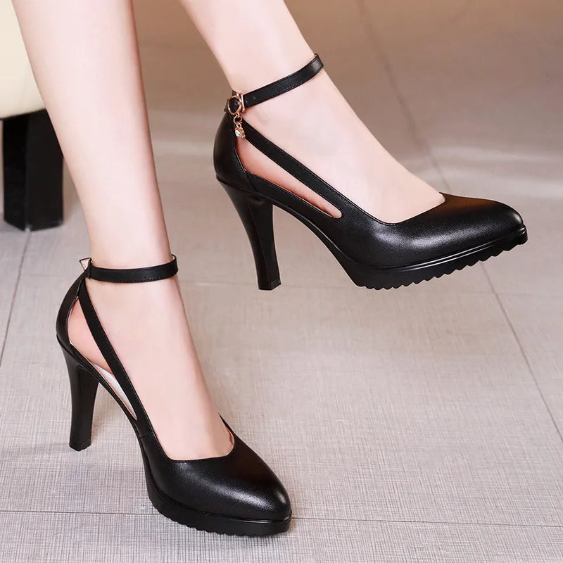 High quality elegant leather shoe for women 8cm high heel platform point toe