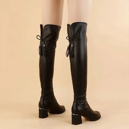 Women Leather Elastic Boots Plush Long Thick Heels Over The Knee Boots