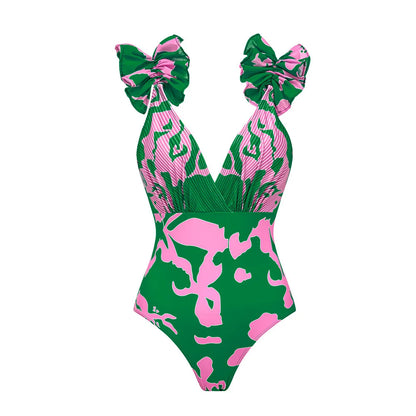 Swimwear 2PC Cover-up Swimsuit Ruffle Printed Deep V One-piece Kimono Bikini Suit