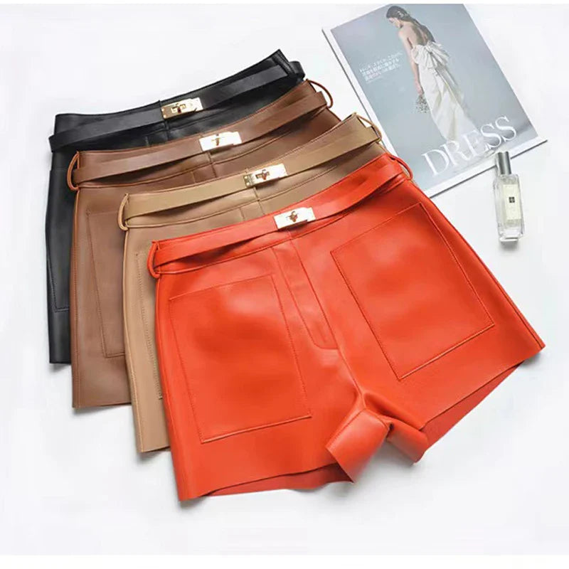 Real Sheepskin Leather Women Shorts