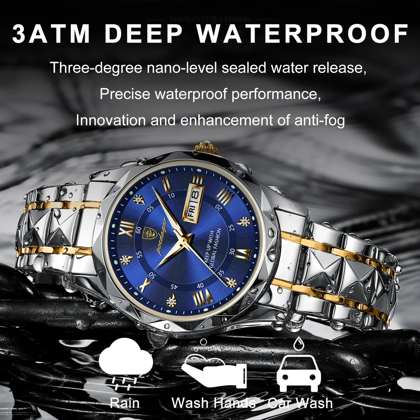POEDAGAR Top Brand Luxury Men's Waterproof Stainless Steel Quartz Watch Luminous Calendar Week