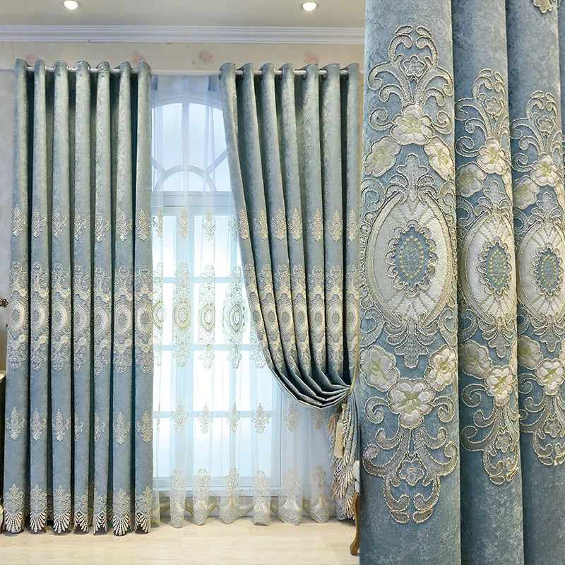 European Embroidery Luxury Curtains Blackout Window Decor Chenille Jacquard Tulle