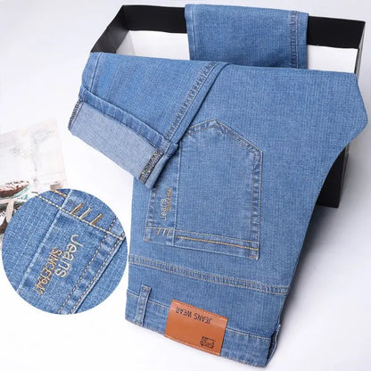 Summer Thin Men's Elastic Cotton Blue Jeans Comfortable Straight Casual Wear Pants
