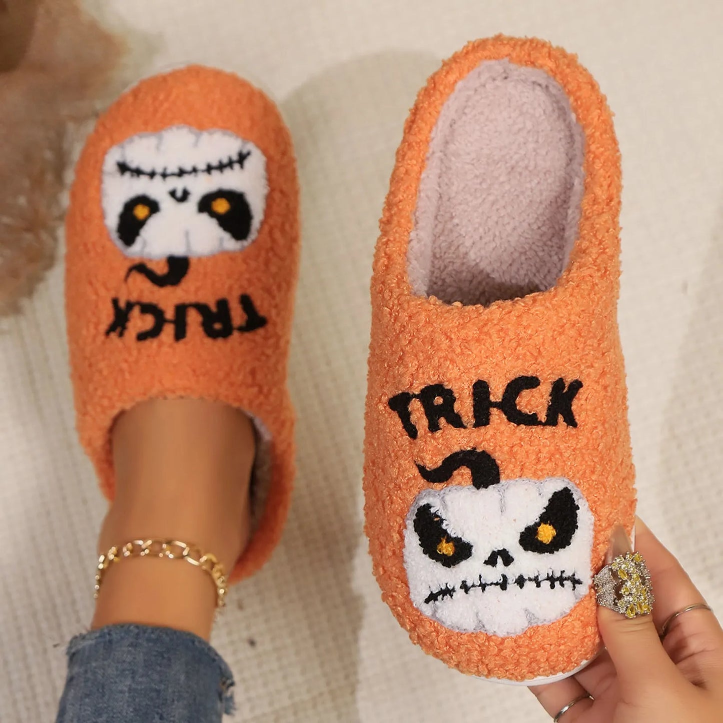 Women's Cartoon Pumpkin Embroidery Plush Warm Slippers Non-slip Indoor