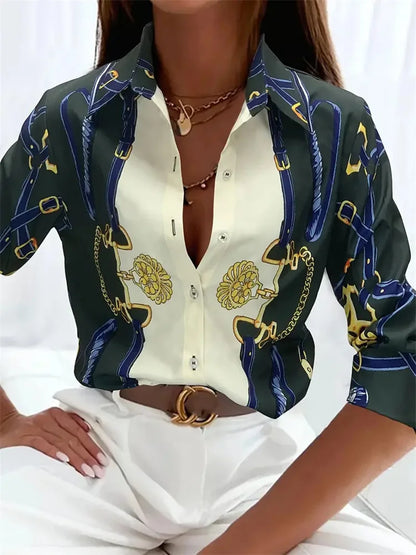 Elegant Printed Pattern Button Long Sleeve Women's Shirts