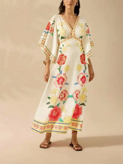 Women Summer Vintage Deep V Coconut Tree Print Flare Sleeve A-line Maxi Dress