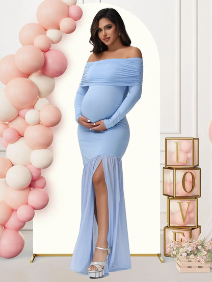 Elegant Maternity Gown Photoshoot Party Dress Off-Shoulder Slits Fishtail Hem