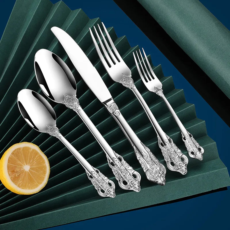 Luxury Gold Cutlery Set Vintage Dinnerware Set 18/10 Stainless Steel Silver Flatware Knife Fork and Spoon