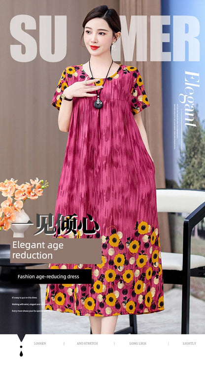Noble over-the-Knee Middle-Aged Ladieswear Large Swing Noil Poplin Dress