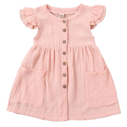 0-6Years Toddler Kid Baby Girl Summer Dress Ruffles Sleeves Cotton Button Pocket Dress Sundress