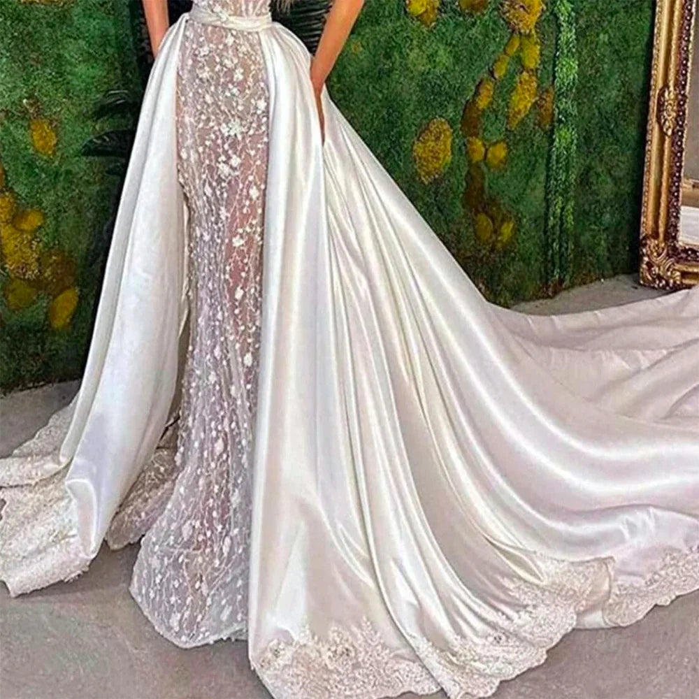 Luxury Wedding Satin Lace Detachable Skirt Removable Long Train for Wedding Dresses Overskirt