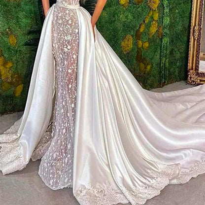 Luxury Wedding Satin Lace Detachable Skirt Removable Long Train for Wedding Dresses Overskirt