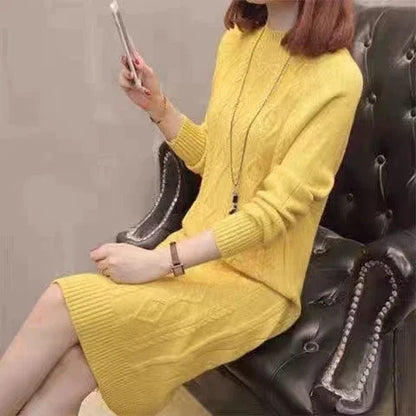 Women Winter Thicken Plus Velvet Sweater Dress Mock Neck Rib Knit Midi With Coats