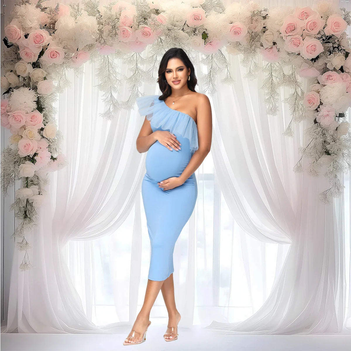 Maternity One-Shoulder Mesh Ruffled Collar Midi Dress for Party Baby Shower Photoshoot