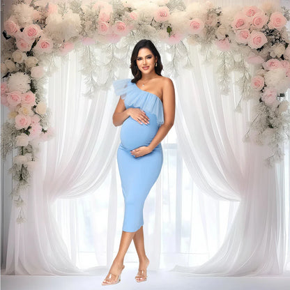 Maternity One-Shoulder Mesh Ruffled Collar Midi Dress for Party Baby Shower Photoshoot