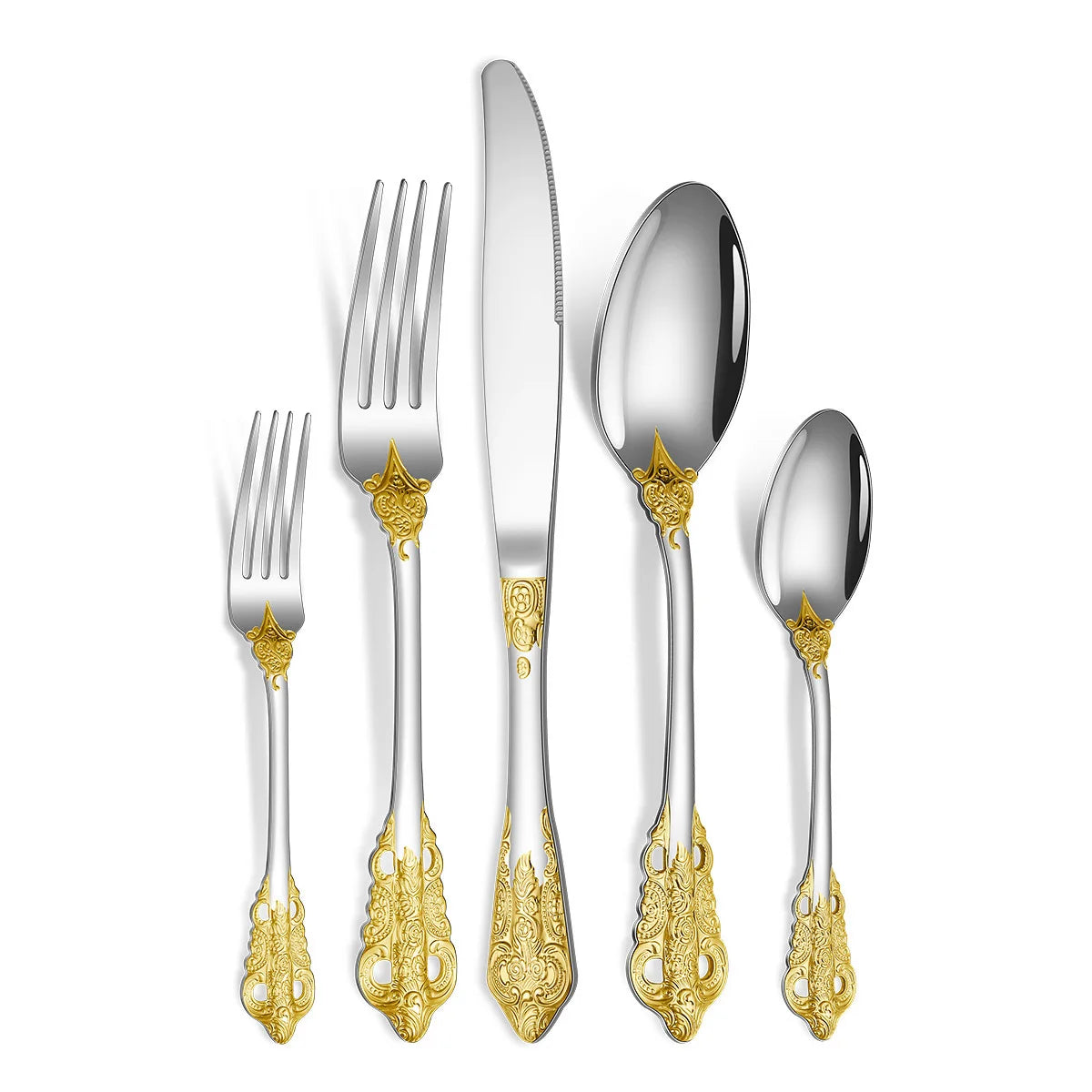 Luxury Gold Cutlery Set Vintage Dinnerware Set 18/10 Stainless Steel Silver Flatware Knife Fork and Spoon