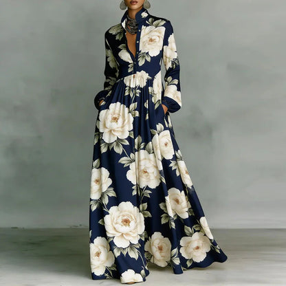 Retro Pattern Print High Waist Pleated Women Boho Dress Spring Shirt Collar Button Pockets Maxi Dress Long Sleeve