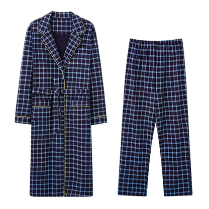 Men’s Cotton Robe Long Sleeve Kimono Bathrobe With Long Pants 2pcs Robes Set Sleepwear Spring Autumn V-Neck Plaid Pajama