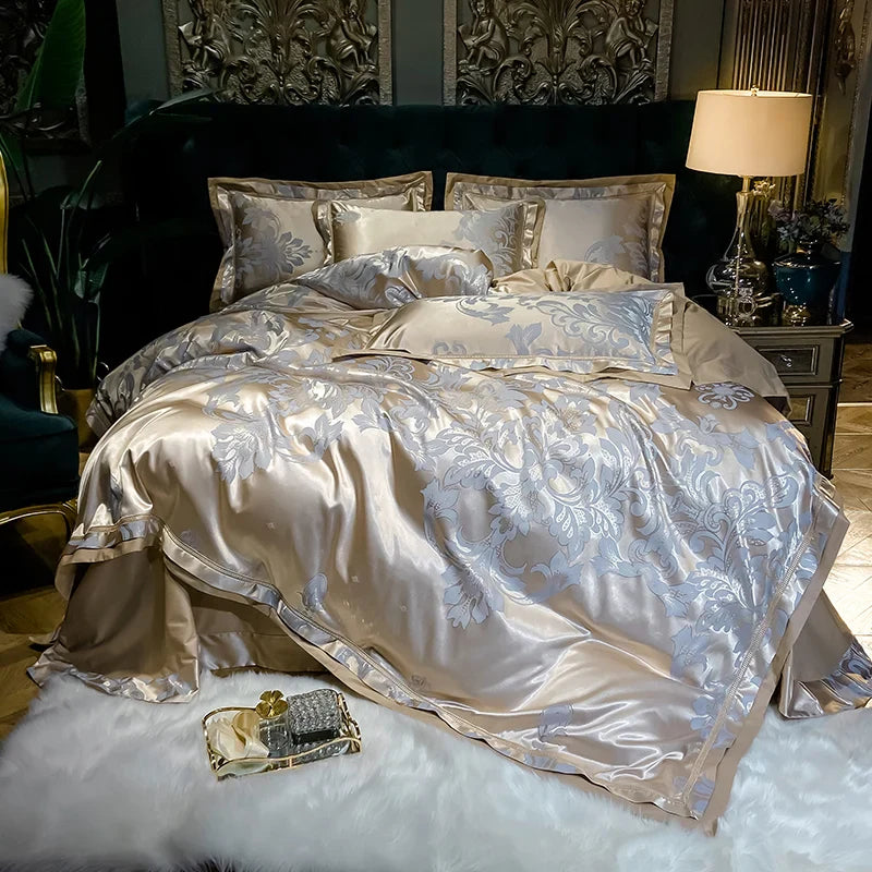 Soft Satin Jacquard Cotton Bedding Set, Luxury Duvet Cover, Blue, Gold, Gray, Queen, King Bed Sheet, Pillowcases, Home Textiles
