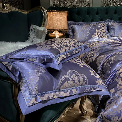 Soft Satin Jacquard Cotton Bedding Set, Luxury Duvet Cover, Blue, Gold, Gray, Queen, King Bed Sheet, Pillowcases, Home Textiles