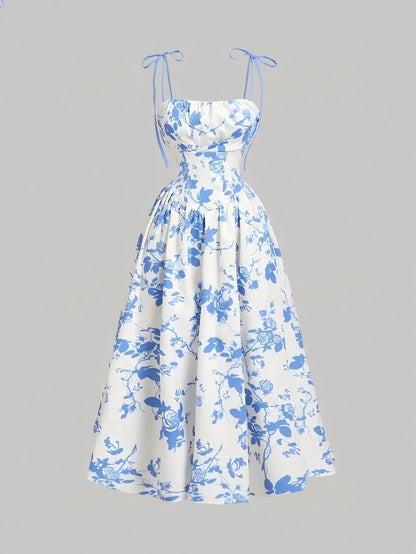 Women's Floral Slip Dress French Vintage High Waist Casual Sundress