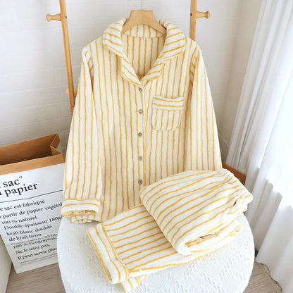 Unisex Winter Plush Couple Flannel Pajamas 2 Piece Set Warm and Soft Home Nightwear Clothes