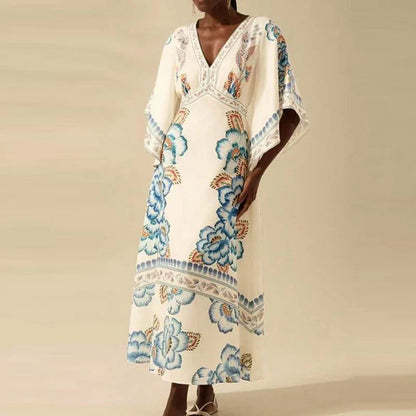 Summer Tropical Plant V-Neck Bohe Elegant Half Sleeve Loose Party Dress A-line