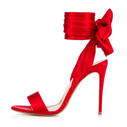 Summer satin bow cross-band sexy open-toe women sandals thin high-heeled shoe