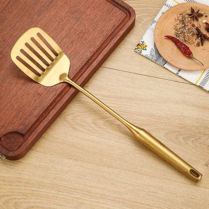 1/7Pcs Stainless Steel Kitchenware - Gold Soup Spoon Noodle Colander Hot Pot Spoon Rice Spoon Kitchen Cooking Frying Tool