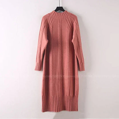 Women Winter Thicken Plus Velvet Sweater Dress Mock Neck Rib Knit Midi With Coats