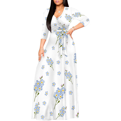 Romantic Floral Rose V-Neck 3/4 Sleeve Wrap Maxi Dress with Belt