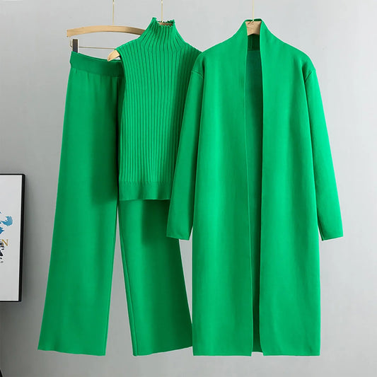 3 Piece Outfits Sweater Pullover Top & Knitted Long Cardigan & Wide Leg Pants Suits