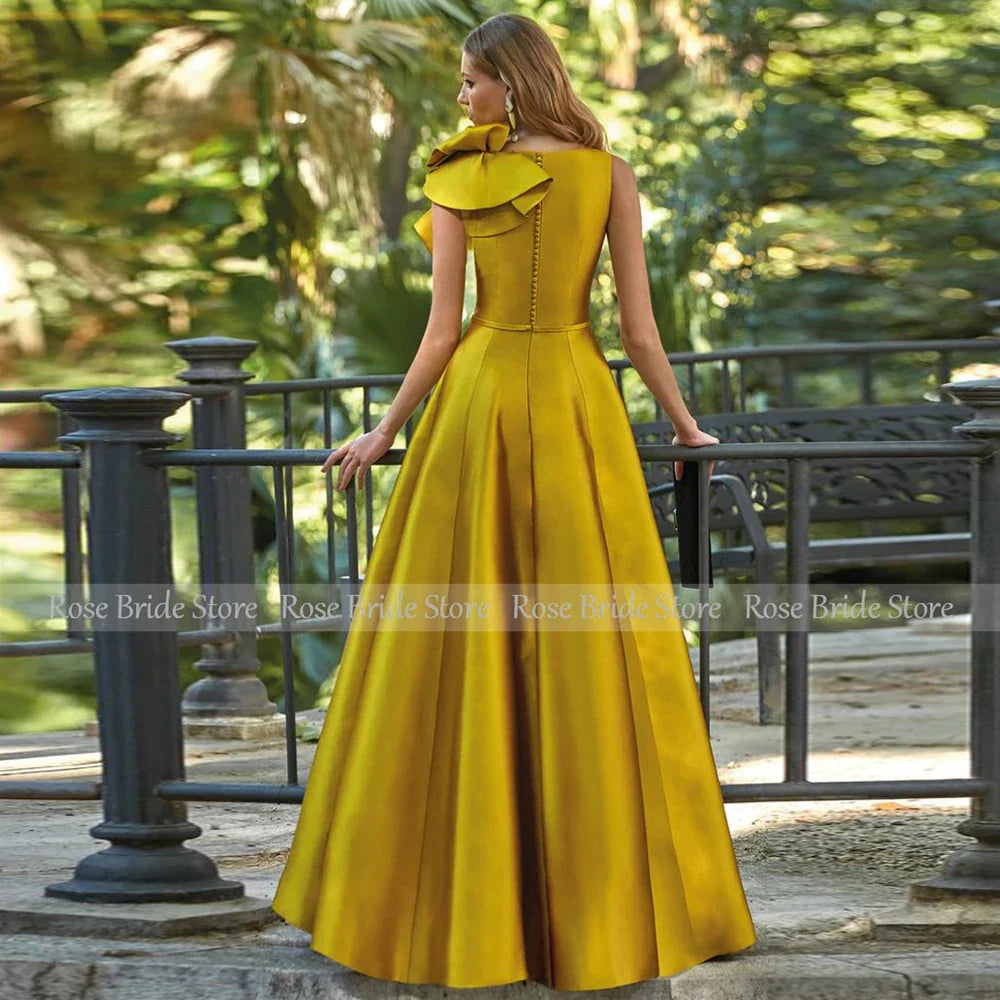 Formal Golden Satin Ruched Ruffles Gown Dress A-line V-neck Special Occasion