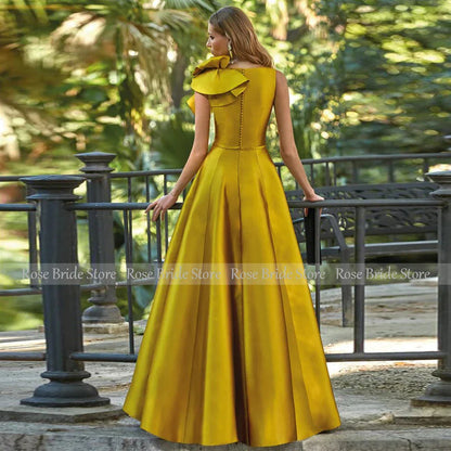 Wedding Guest Dress Formal Golden Satin Ruched Ruffles Gown A-line V-neck Special Occasion Dresses