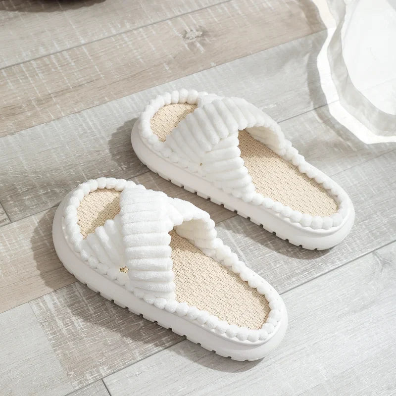 Winter Women Slippers Open-Toe Cross Band Linen Soled Indoor Non-Slip