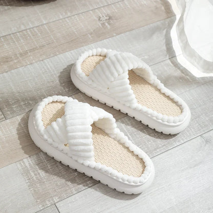 Winter Women Slippers Open-Toe Cross Band Linen Soled Indoor Non-Slip