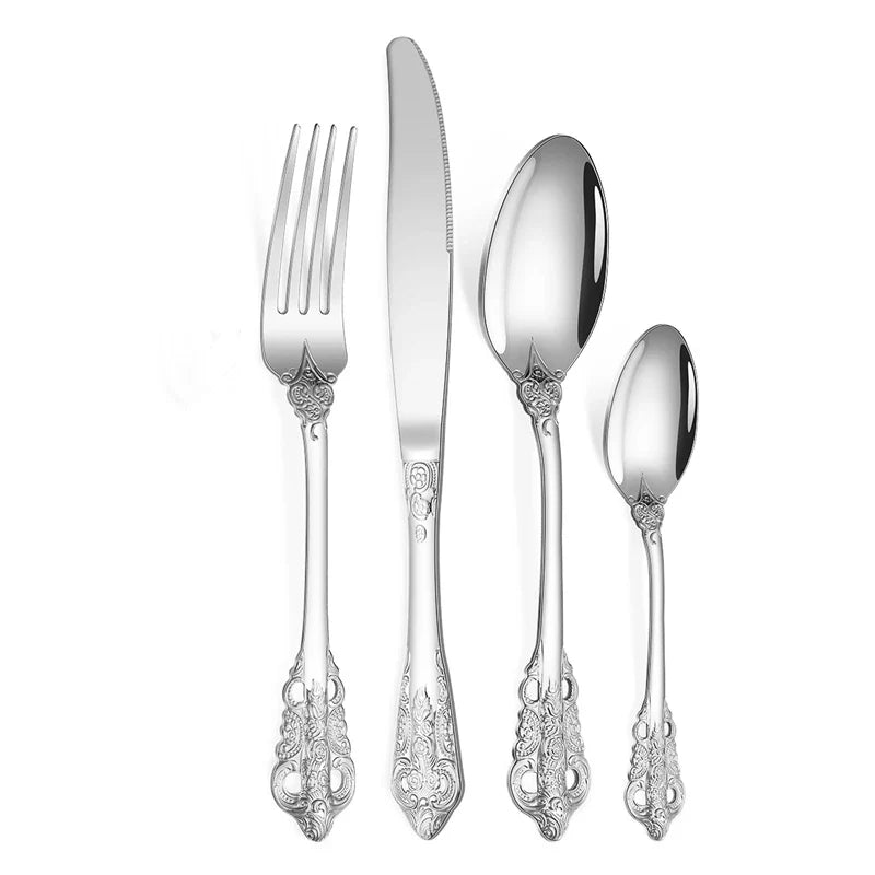 Luxury Gold Cutlery Set Vintage Dinnerware Set 18/10 Stainless Steel Silver Flatware Knife Fork and Spoon