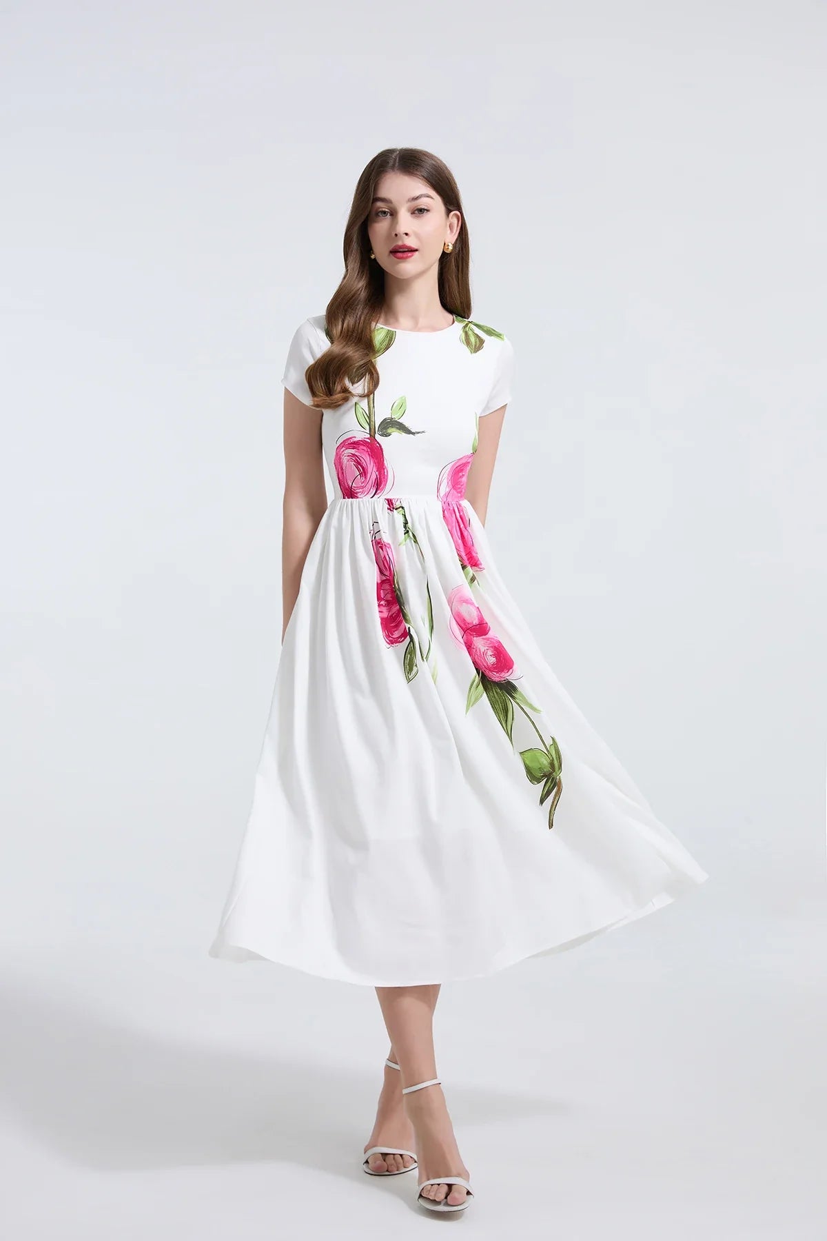Summer French Women's Retro Pink Flower Waist Cinching Slimming Big Swing Dress Elegant Anti-aging Short Sleeved Skirt