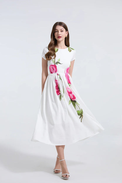 Summer French Women's Retro Pink Flower Waist Cinching Slimming Big Swing Dress Elegant Anti-aging Short Sleeved Skirt