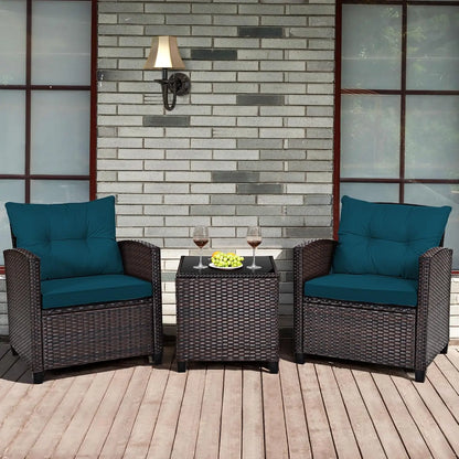 3 Pieces Patio Furniture Set, PE Rattan Wicker 3 Pcs Outdoor Sofa Set w/Washable Cushion and Tempered Glass, Customized