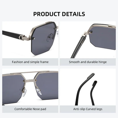 Trendy Aviator Sunglasses for Mens Womens Retro Double Bridge Metal Driving UV400 Outdoor Eyewear Semi-Rimless Lentes De Sol