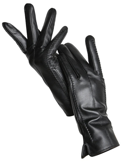Women's Leather winter warm gloves with velvet thin touch screen