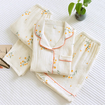 Summer women's cotton crepe three-piece short sleeve + shorts + trousers large size simple flower pajamas