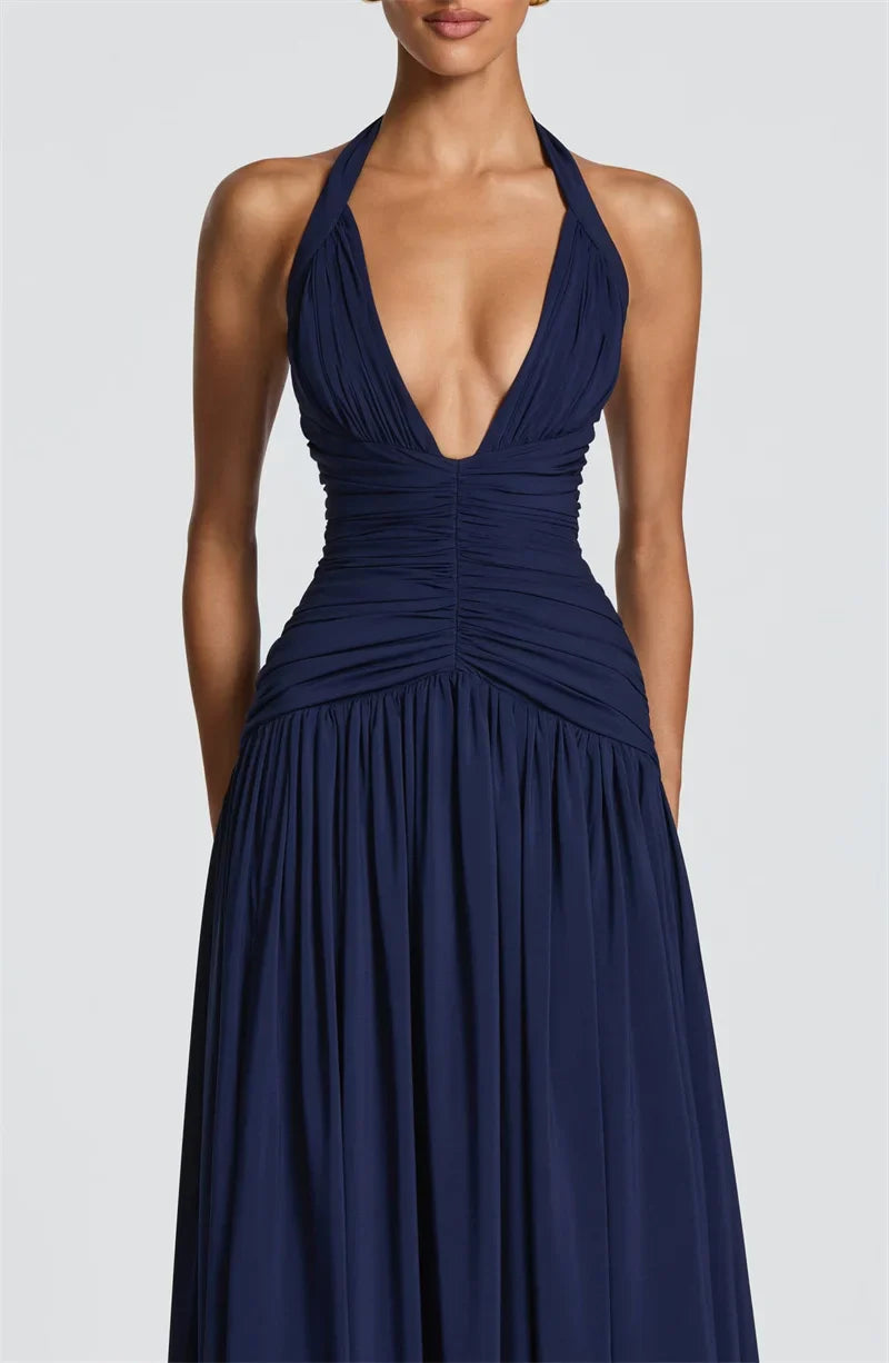 Elegant Halter Deep V Neck Sexy Maxi Women Dress Off-shoulder Sleeveless