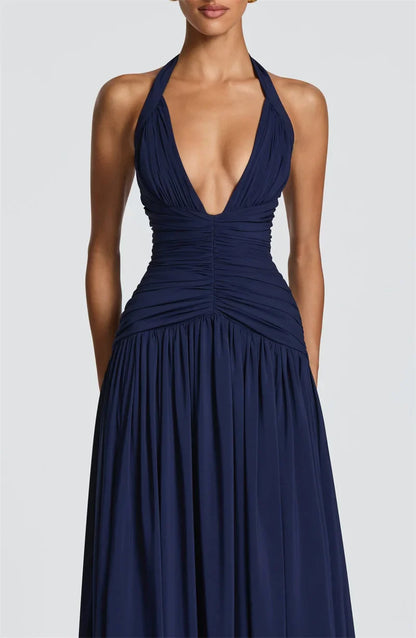 Elegant Halter Deep V Neck Sexy Maxi Women Dress Off-shoulder Sleeveless