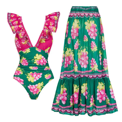 Swimwear 2PC Cover-up Swimsuit Ruffle Printed Deep V One-piece Kimono Bikini Suit