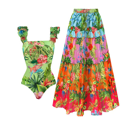 2-Piece Shoulder Ruffle Swimsuit With Cover Up Sexy Beachwear